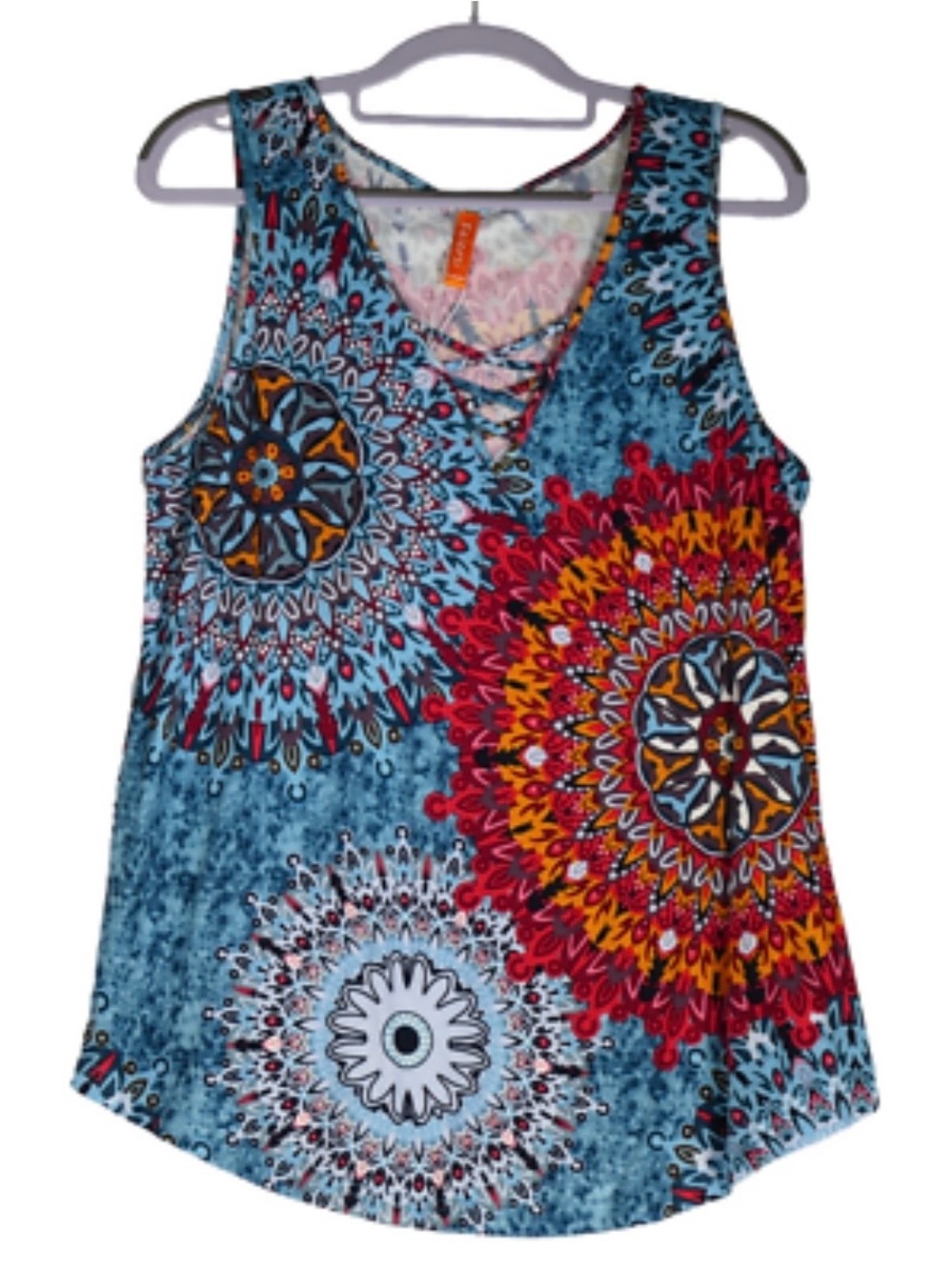 Longyuan Boho Mandala Tank Top Sleeveless V-Neck Blue Orange Tunic 3xl